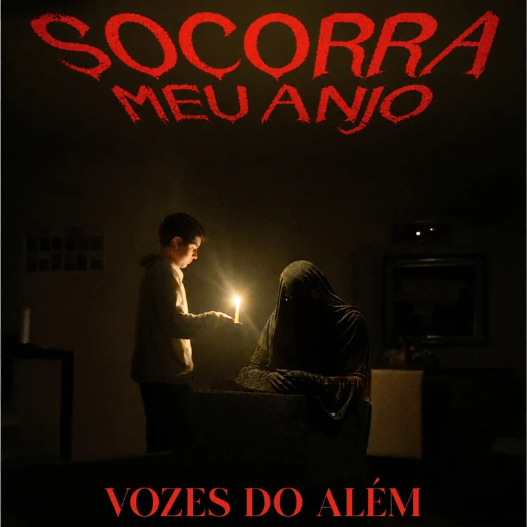 Capa de Vozes do Além, com uma vela iluminando duas figuras em um ambiente escuro.
