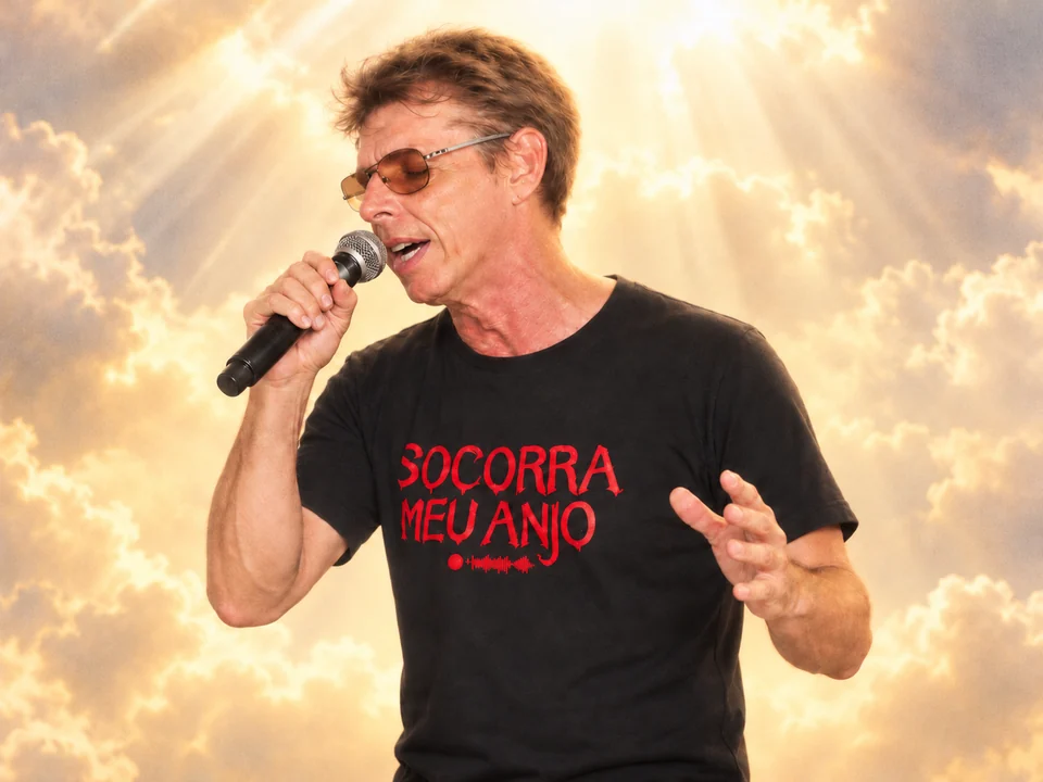 Boca cantando ao microfone com camiseta do Socorra Meu Anjo
