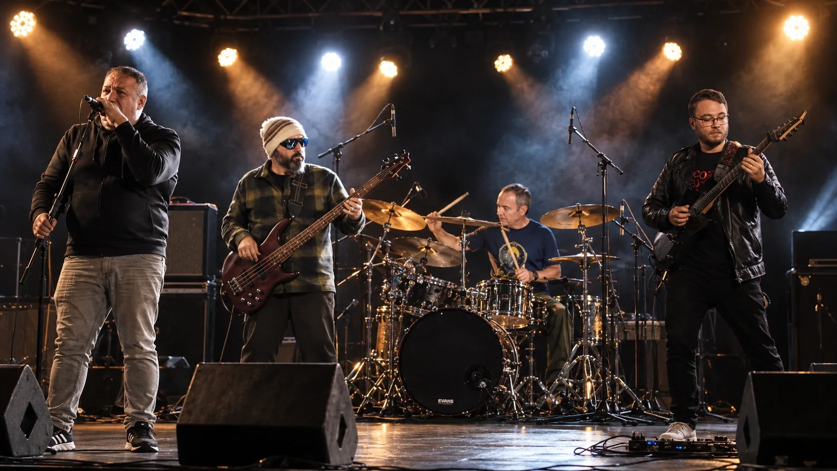 Quatro músicos do Socorra Meu Anjo no palco, com instrumentos, luzes e fumaça.